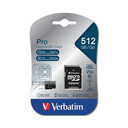 VERBATIM PRO U3 MICRO SDXC MEMORY CARD 512GB WITH SD ADAPTER